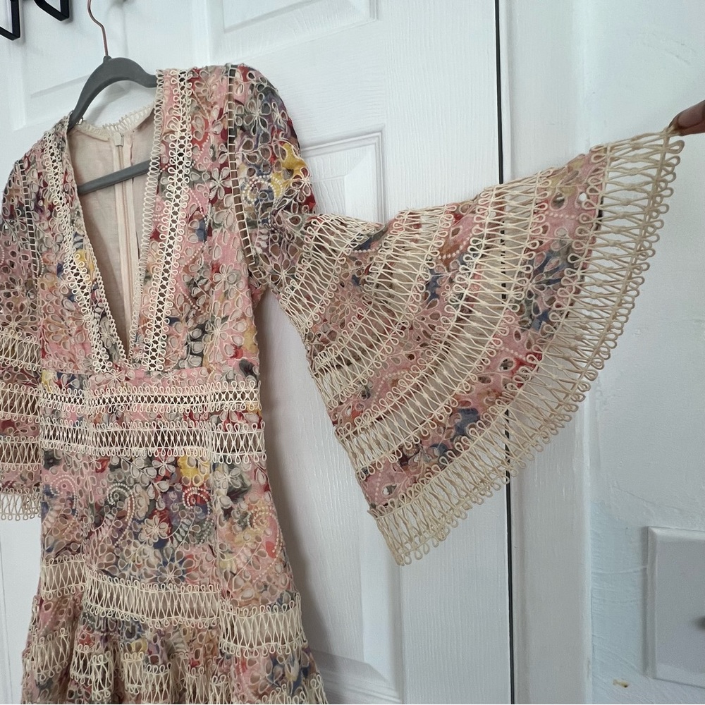 Zimmerman A Line Dress w Crochet Mesh Detailing and Beige w pink & purple Sz 6 - Picture 9 of 11